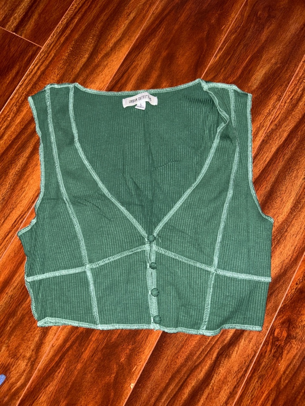 Urban Outfitters Dark Green Contrast-Stitch Ribbed Button Crop Top